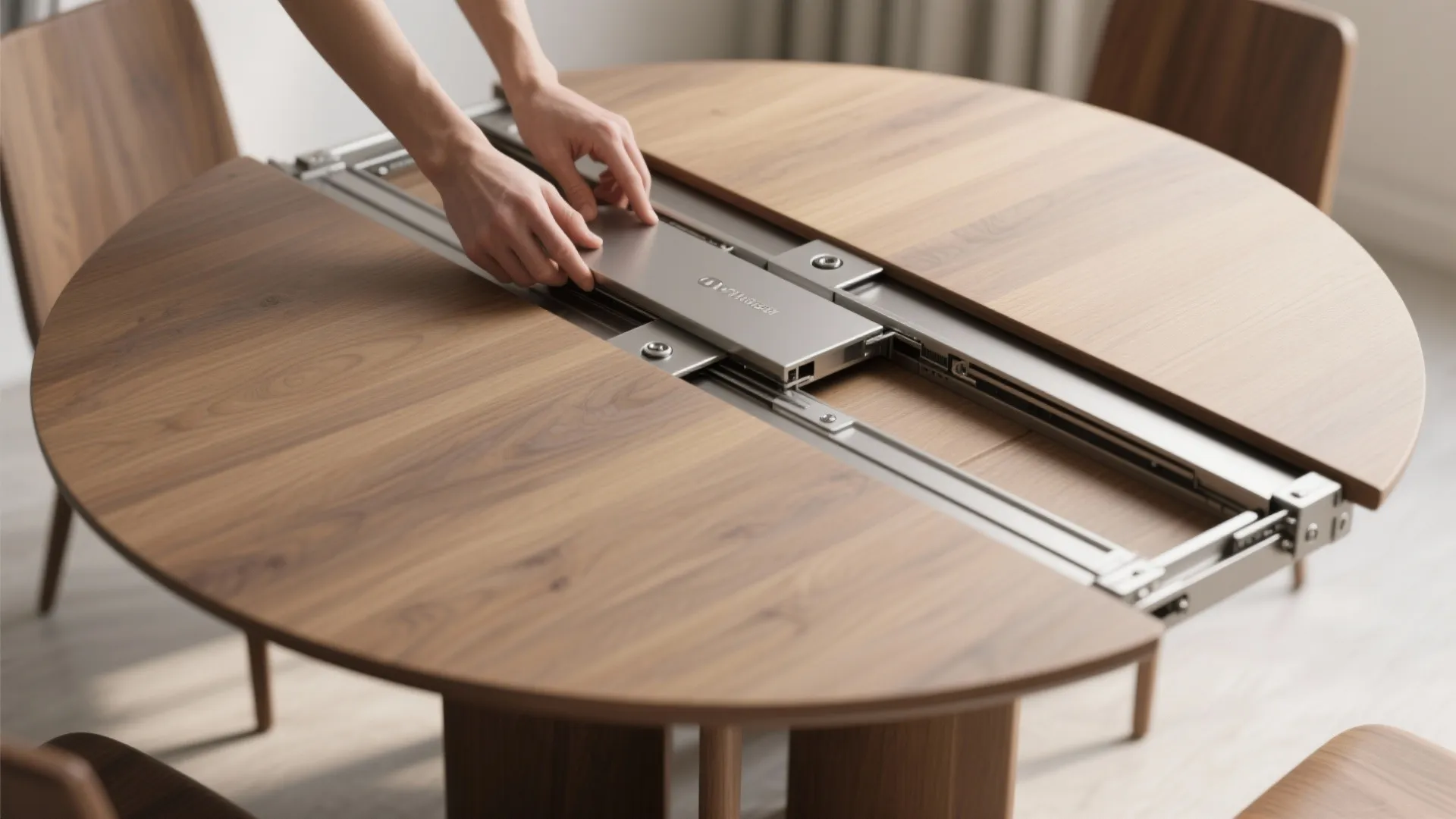 Hands demonstrating the internal metal sliding mechanism of a round wooden extendable dining room table