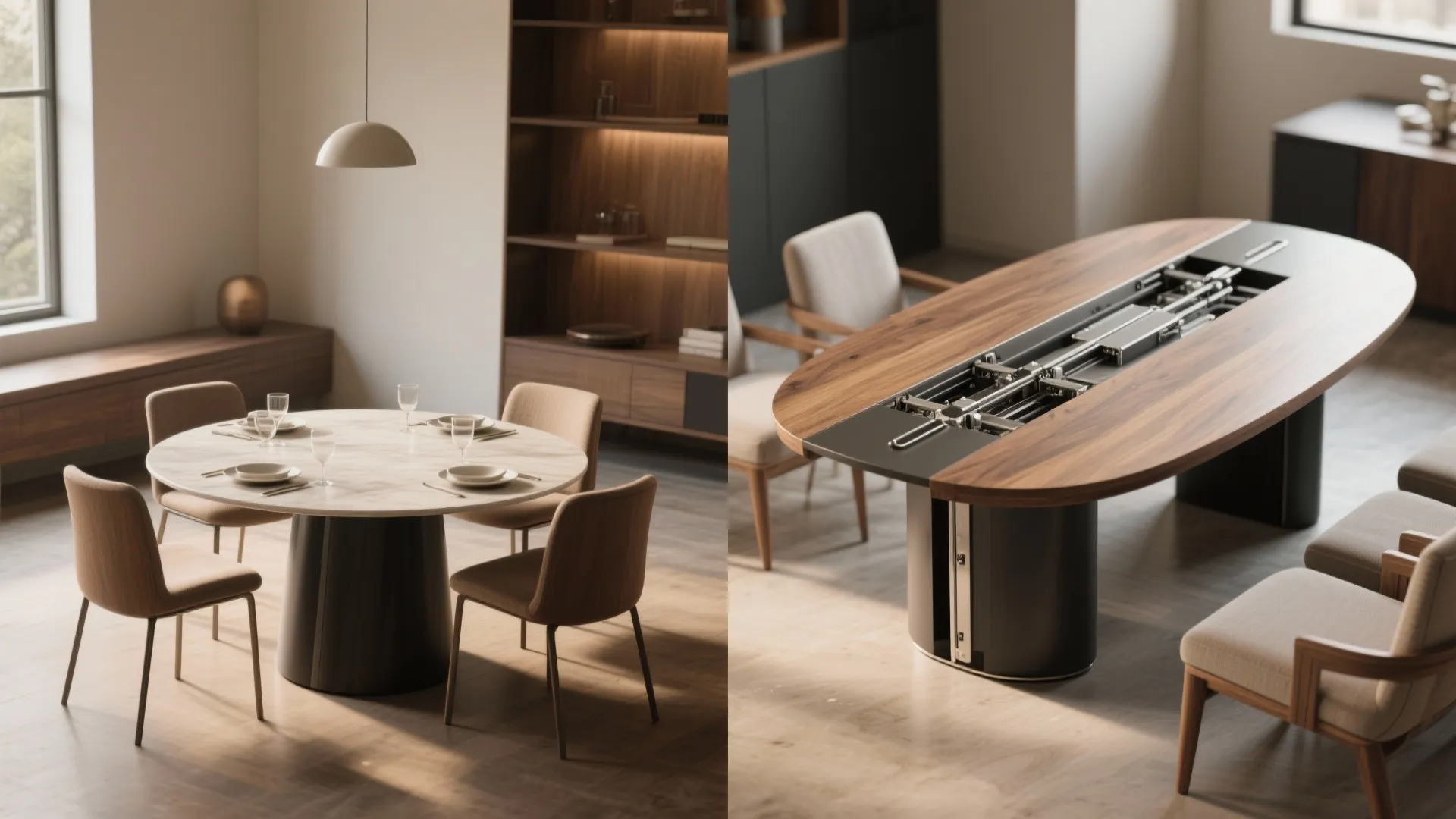 Before and after view of a round table extended into an oval to seat more guests