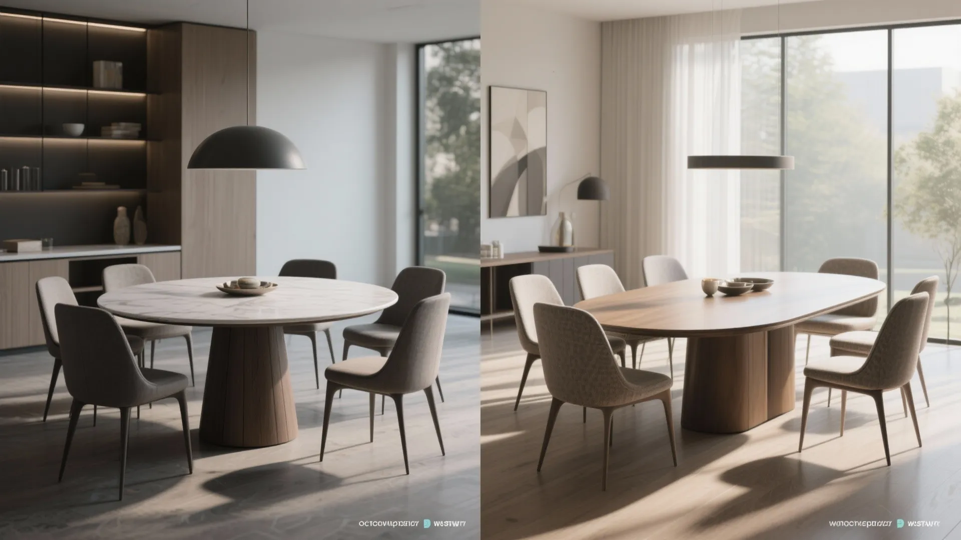 Side-by-side comparison of a round marble dining table and an oval wooden dining table design