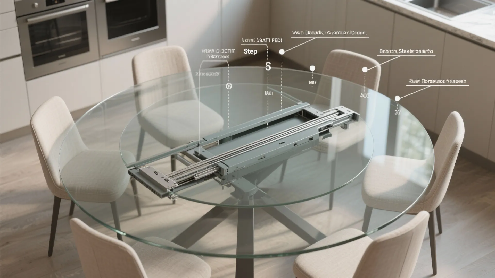 Round glass dining table showing internal metal extension track mechanism with six beige upholstered chairs
