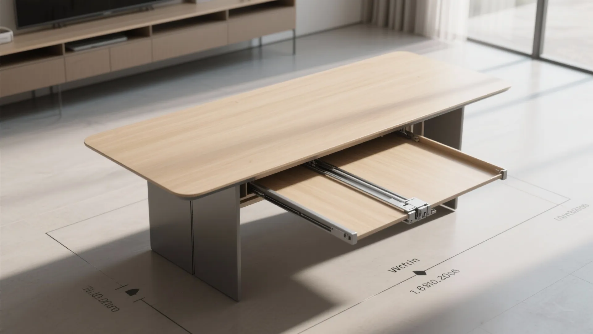 Modern wood desk with a sliding drawer feature shown in an interior design drawing scene