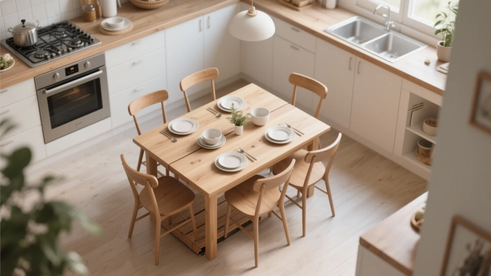 Compact kitchen with wooden extendable dining table
