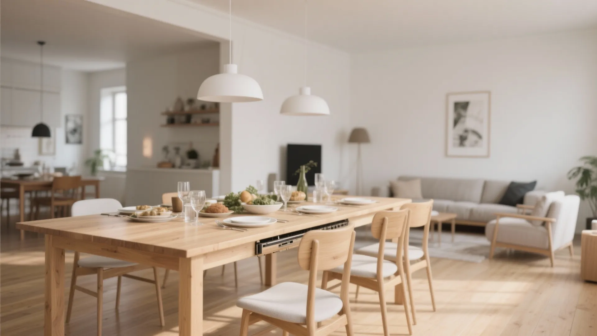 Large wooden dining table with white chairs and food plates in a bright modern room