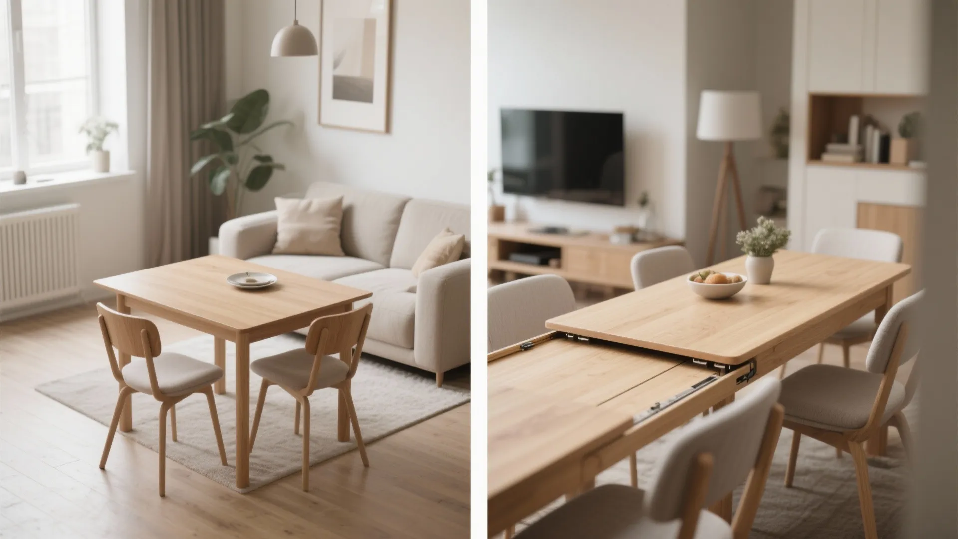 Compact dining table shown closed and extended