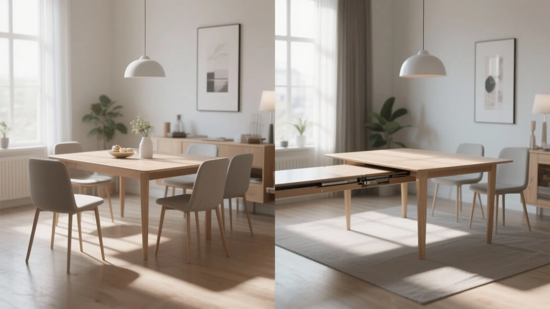 Small dining table shown before and after extension