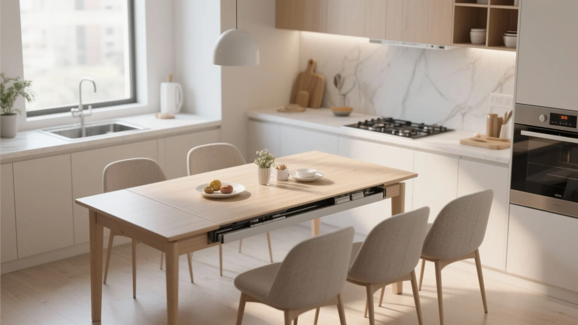 Extendable wooden table with four chairs in a white kitchen with a white ceiling light