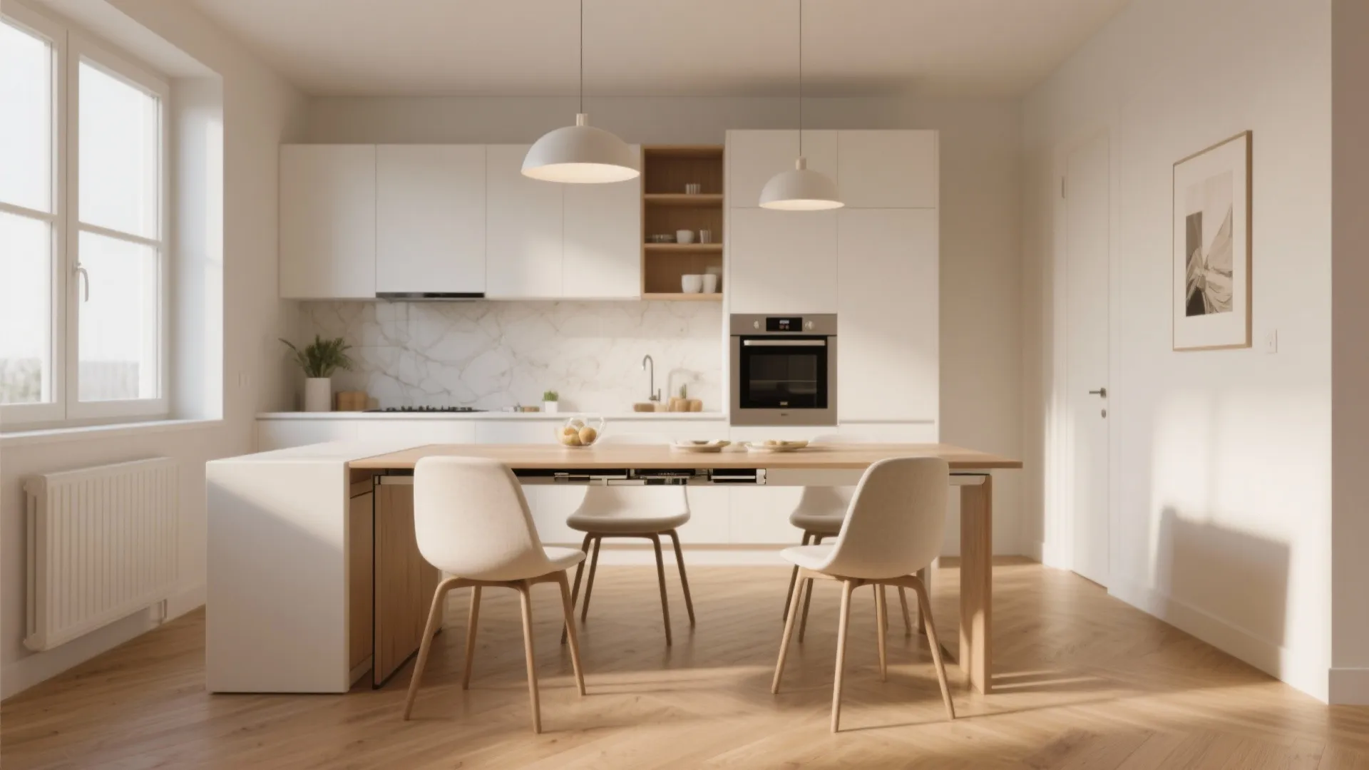 Compact kitchen with an extendable wooden dining table