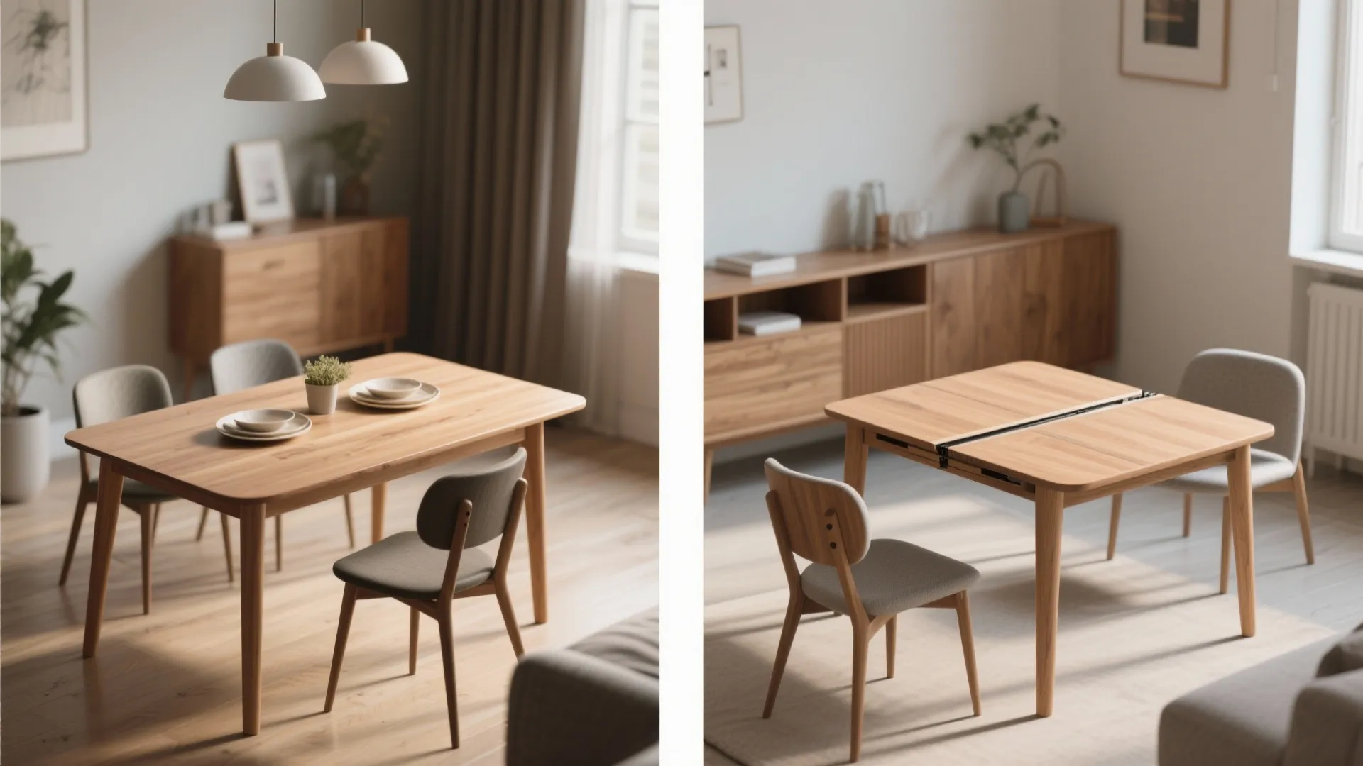 Before and after comparison of a wooden dining table extending to accommodate more guest seating