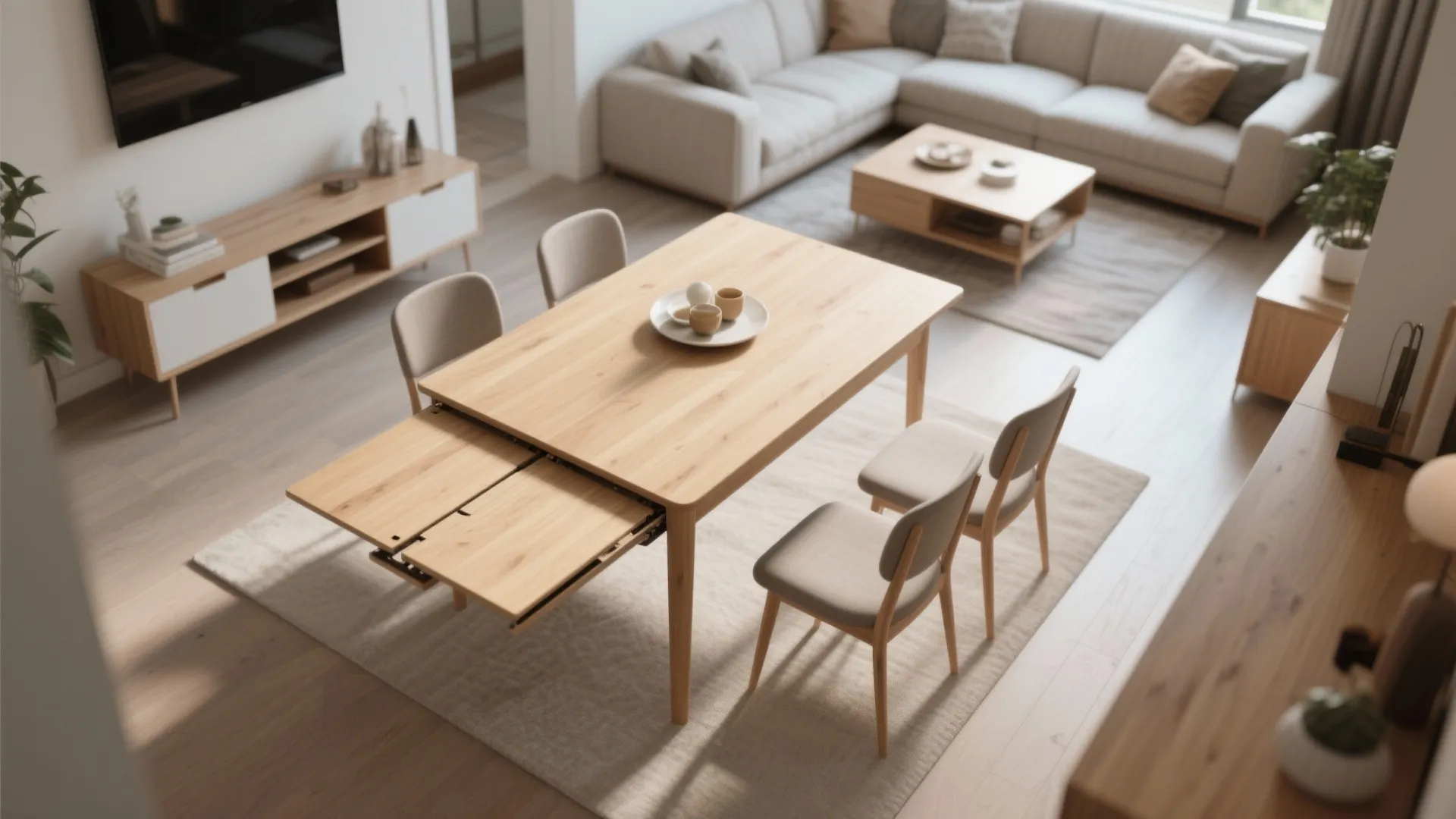 Top view of extendable wooden dining table with beige chairs in bright modern living room