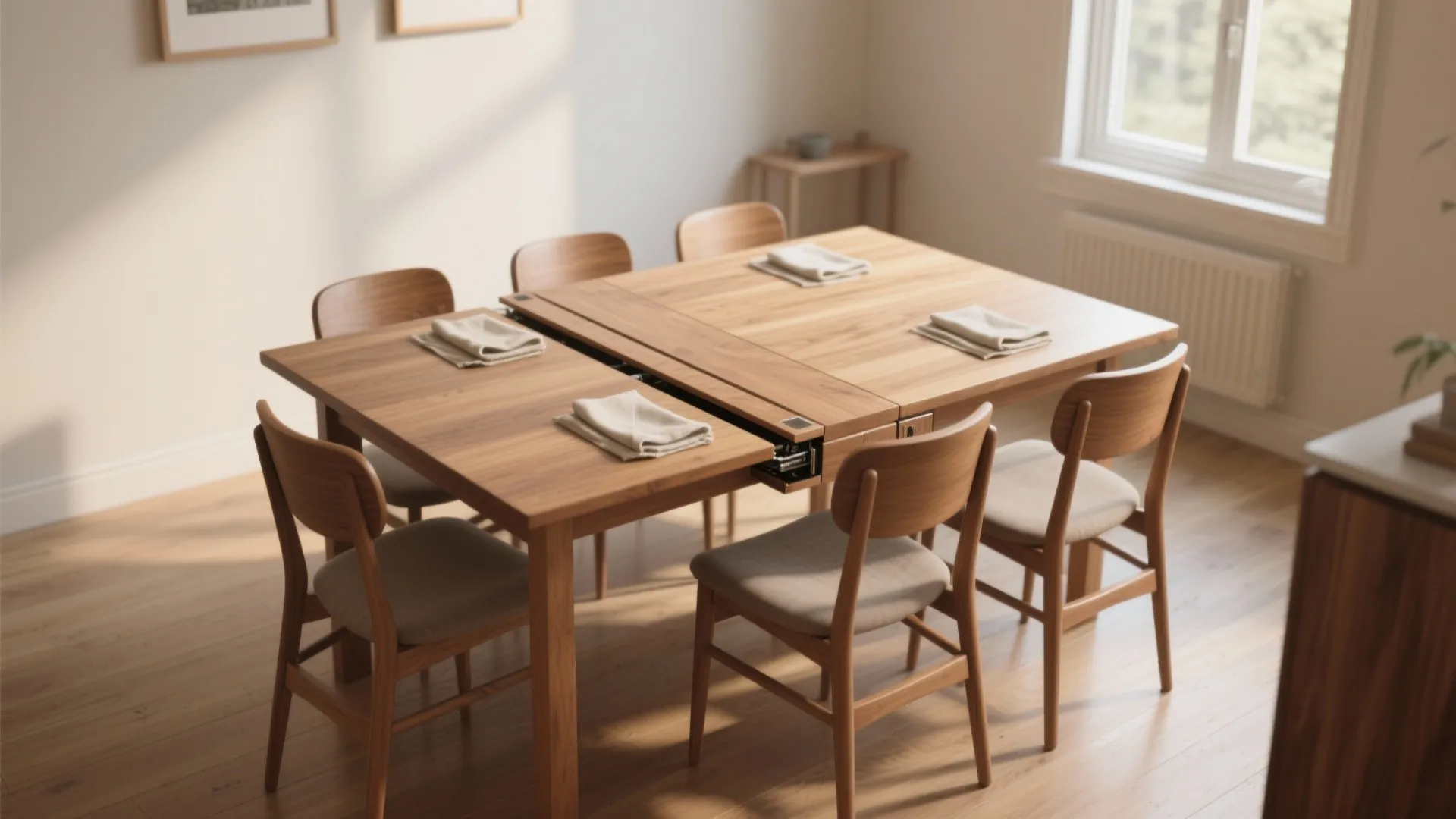 Modern wooden dining room featuring an extendable table with chairs and warm natural window light