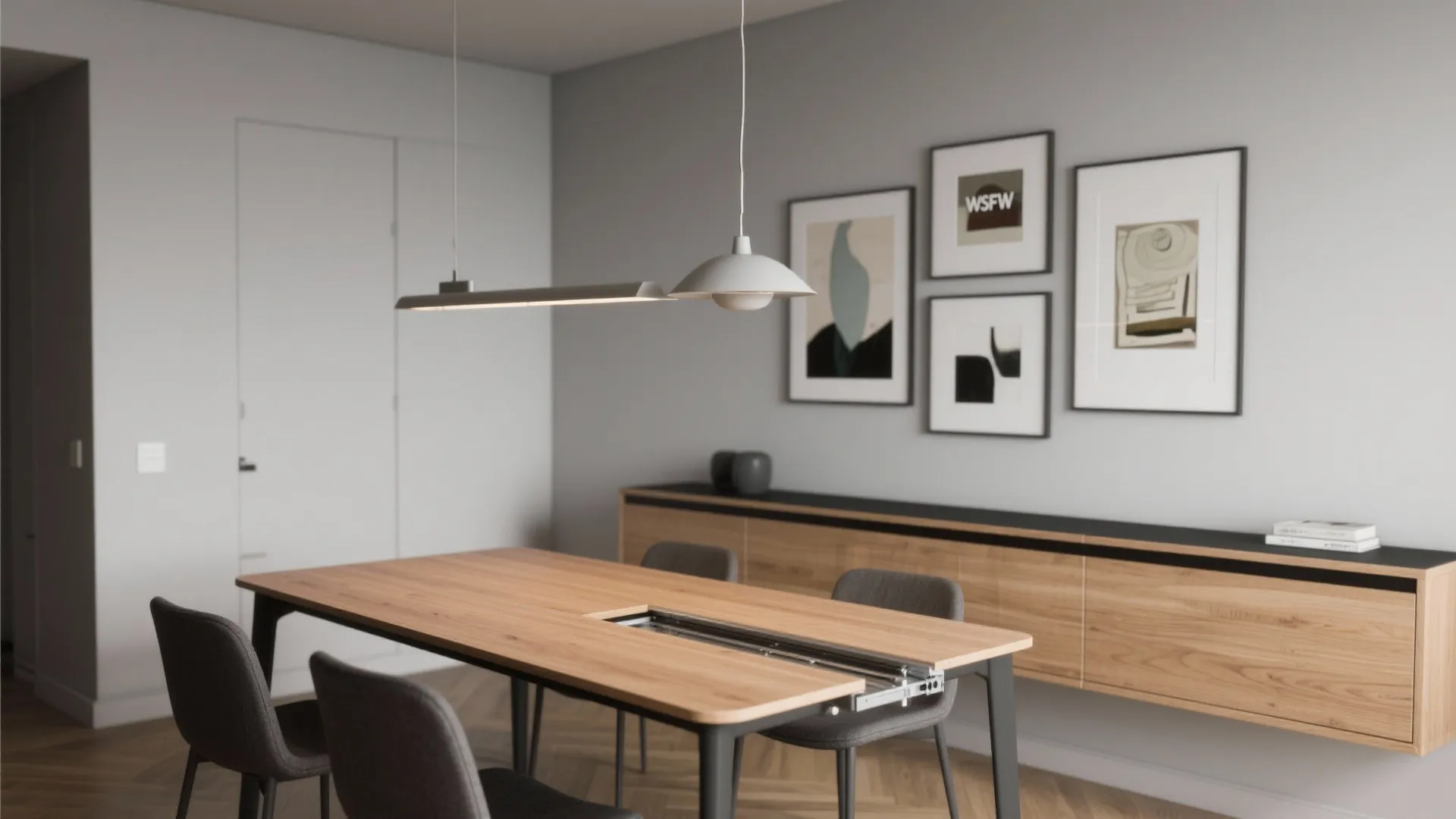 Modern dining room with extendable wooden table grey chairs hanging light fixture and wall cabinet