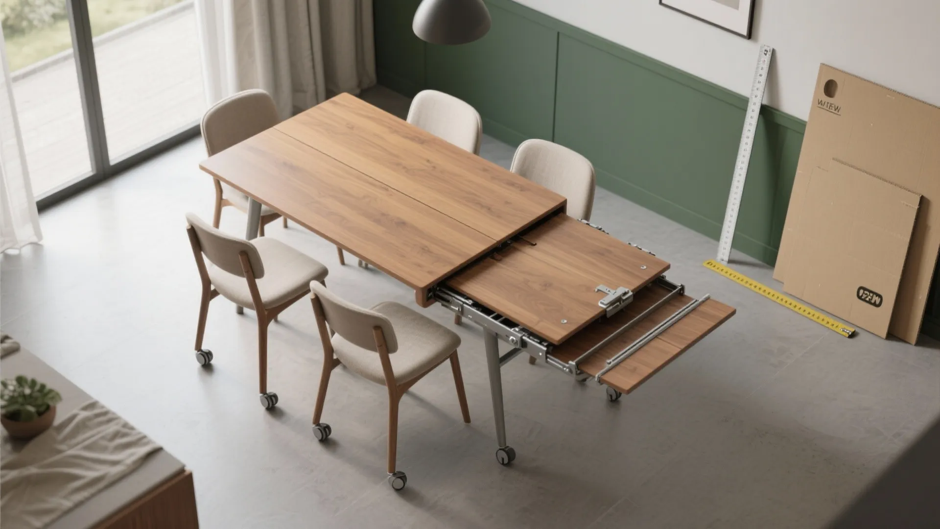 Wooden dining table with extension leaf pulled out and beige chairs near green wall panel
