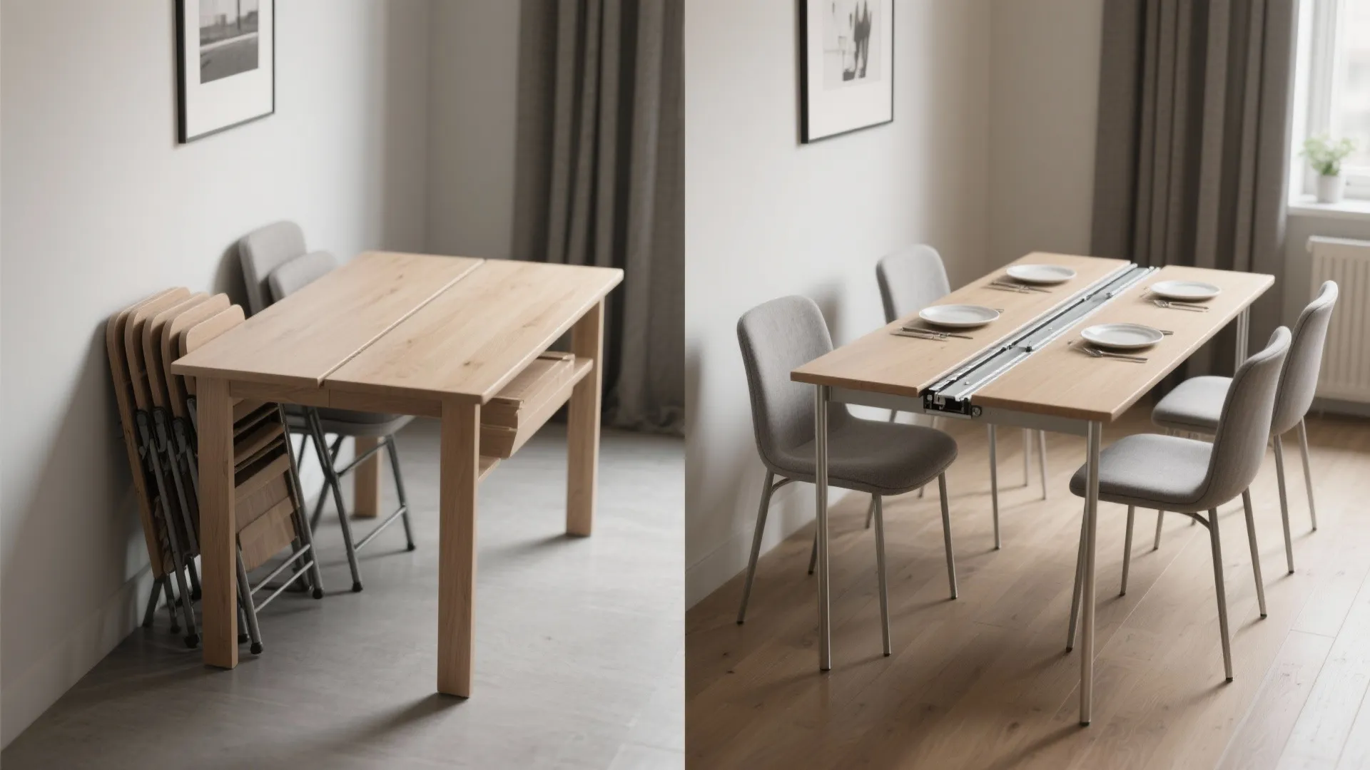 Side-by-side comparison of a compact wooden dining table extending into a larger six-seater dining table