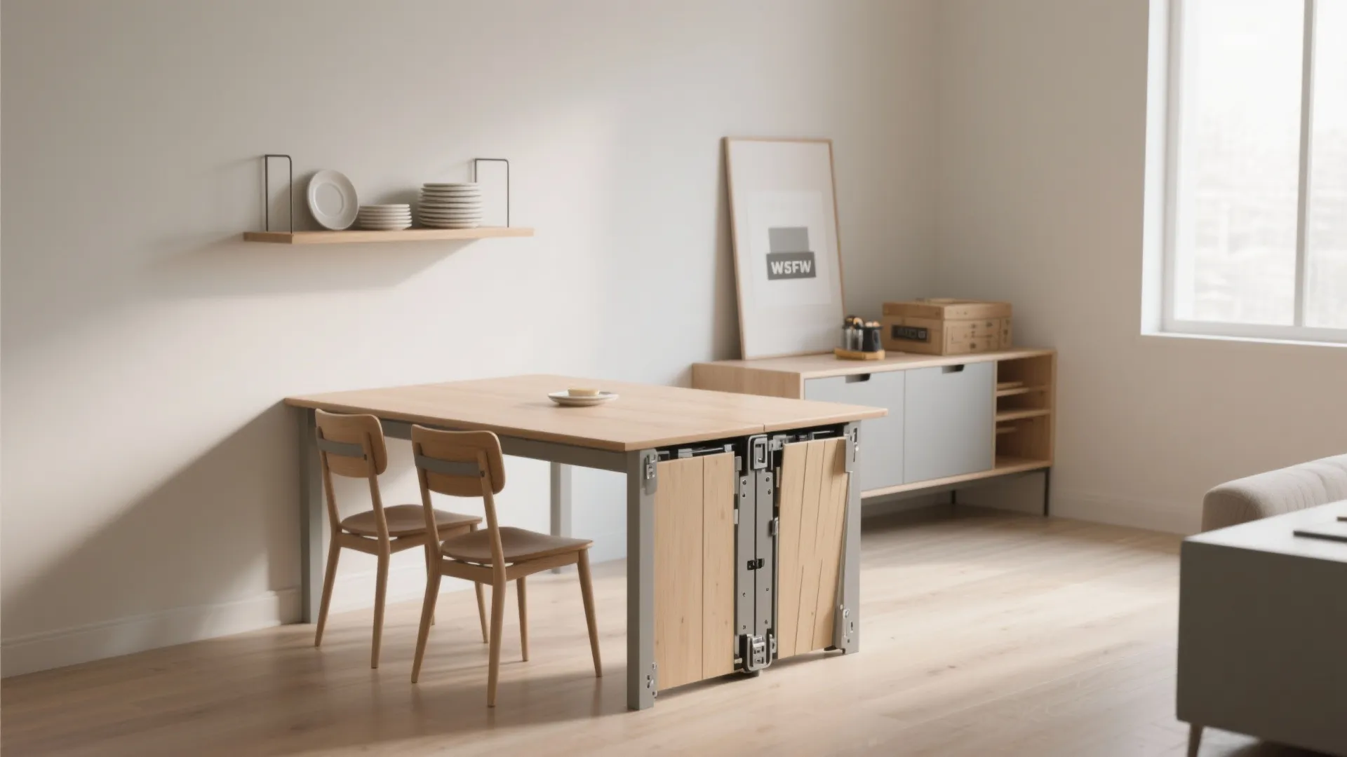 Light wood extendable dining table with matching chairs next to a cabinet and wall shelf