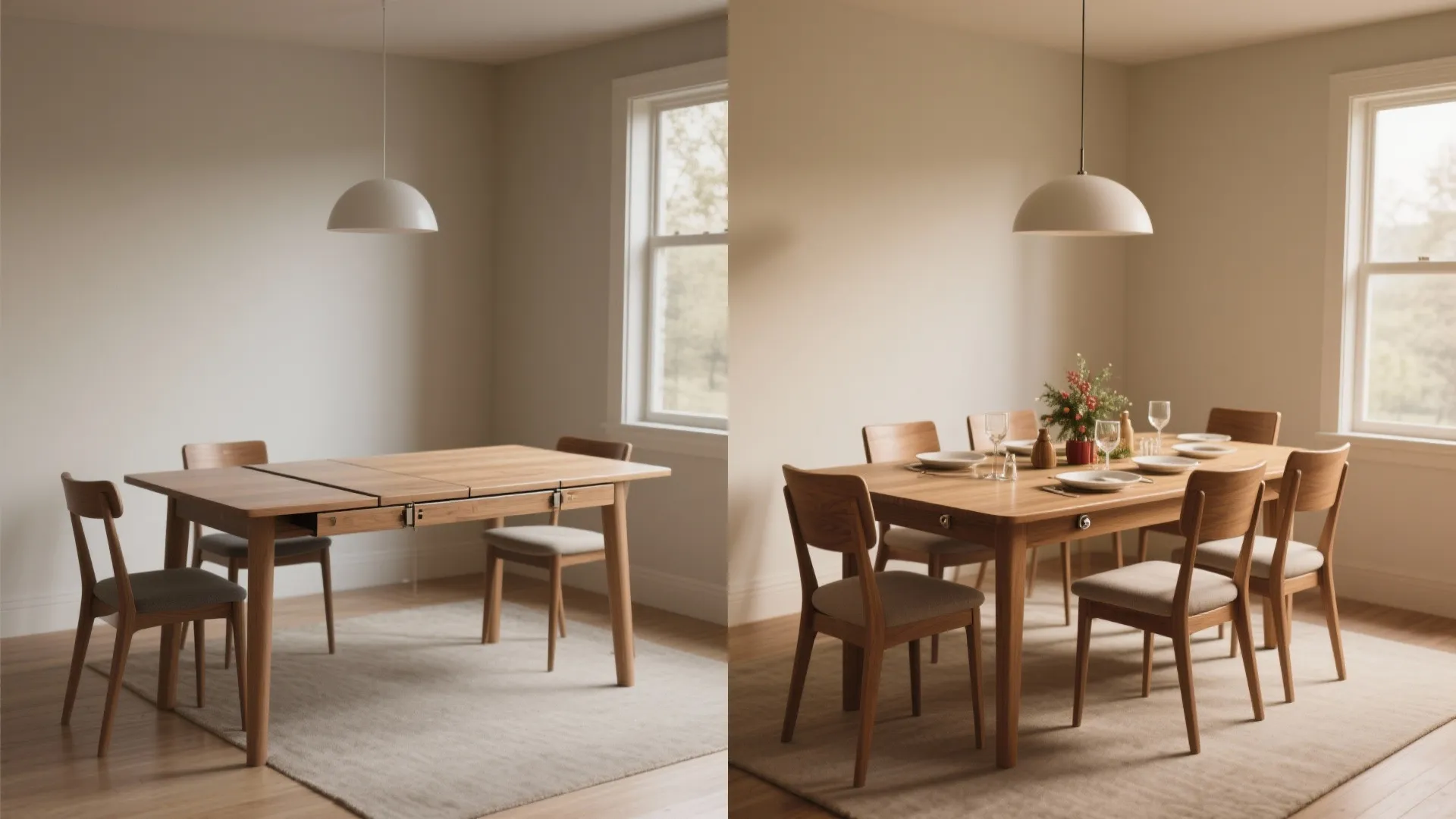Before-and-after render of an extendable dining table closed and fully extended in the same 18x18 room.
