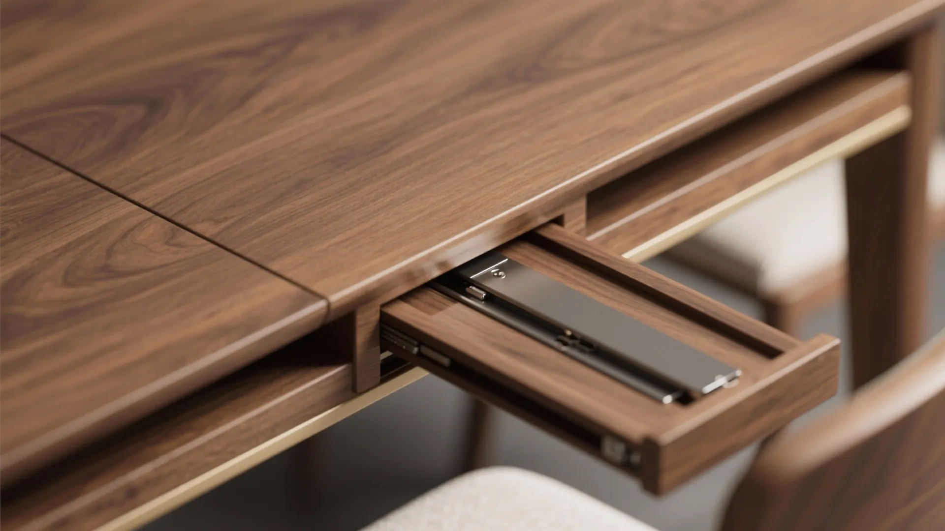 Close-up top-down view of an extendable table's seam and smooth hardware in oak finish.
