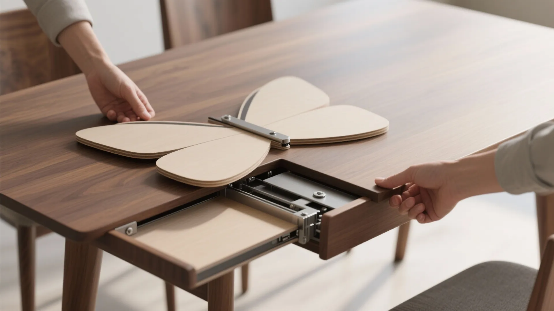 Top-down view of an extendable butterfly-leaf table mid-expansion showing mechanism and seam details.