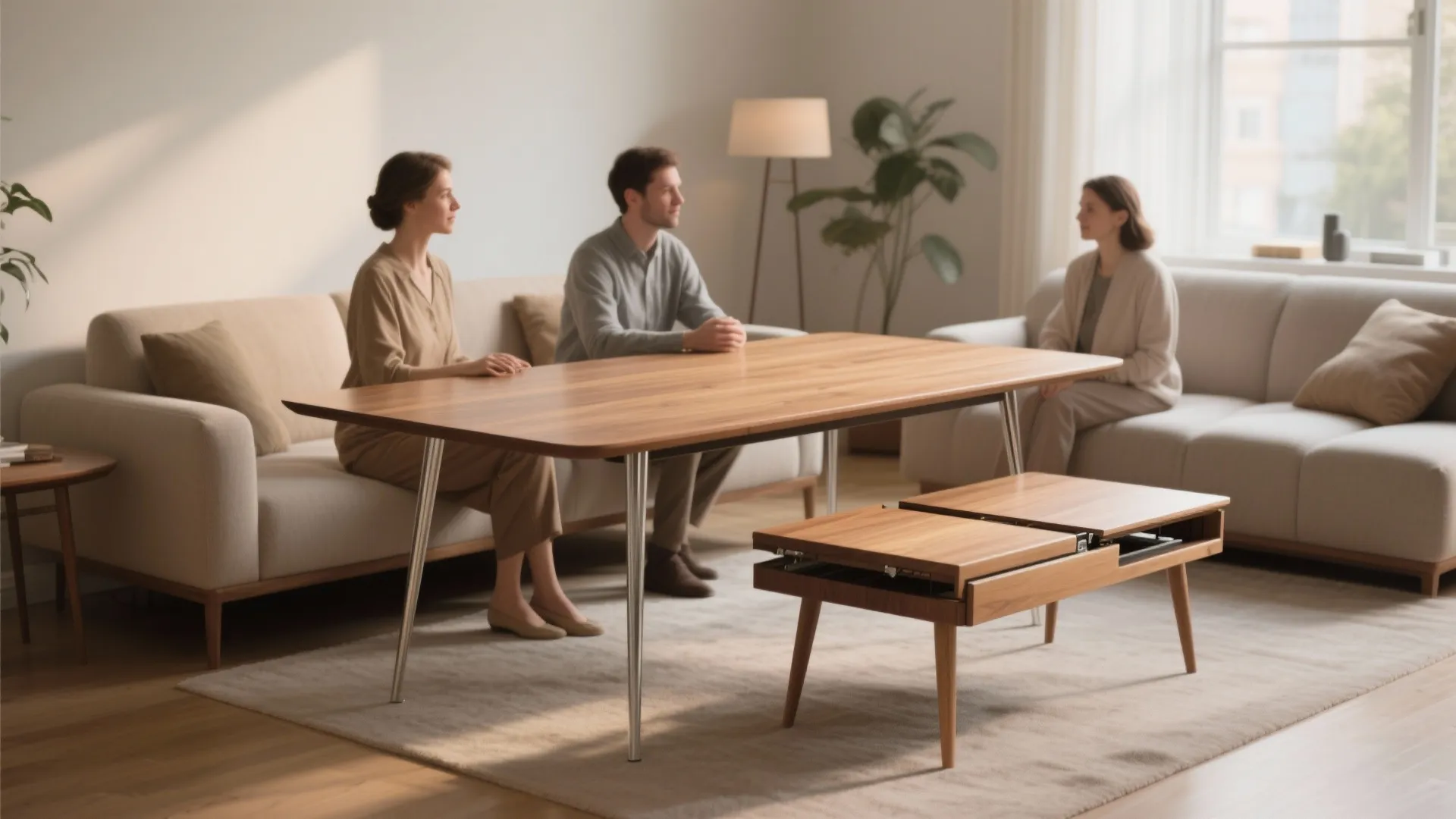 Three people sitting around a large wooden dining table in a bright modern open living room