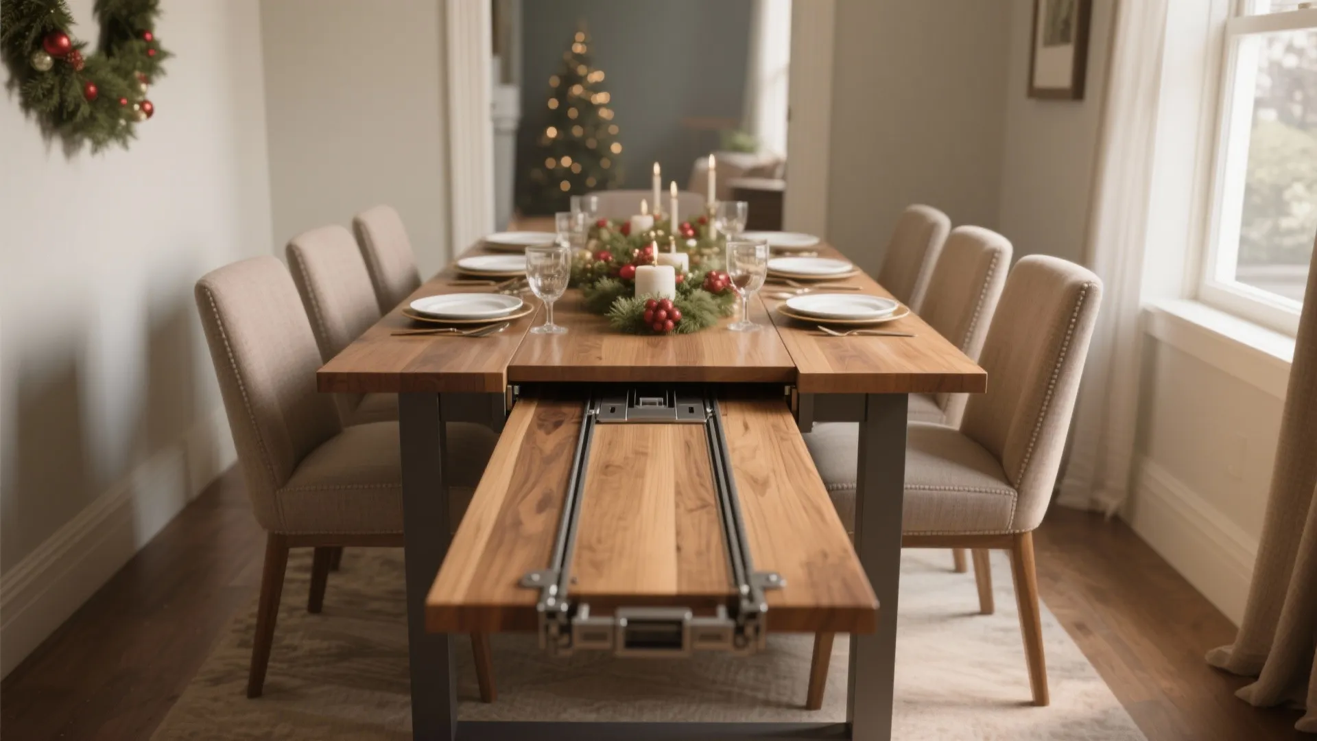 Extendable wooden dining table with holiday decor and metal slide mechanism in a warm dining room