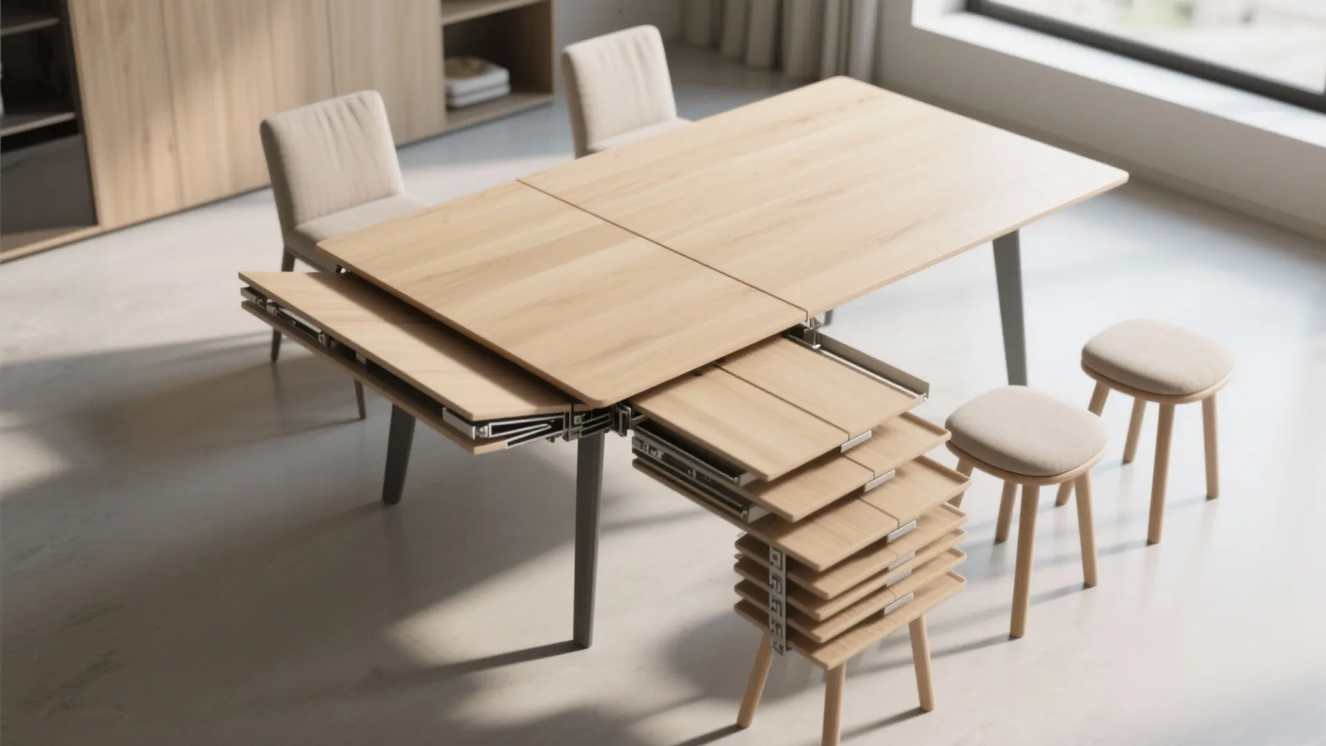 Modern wood dining table with an extendable mechanism showing folded leaf parts and matching chairs
