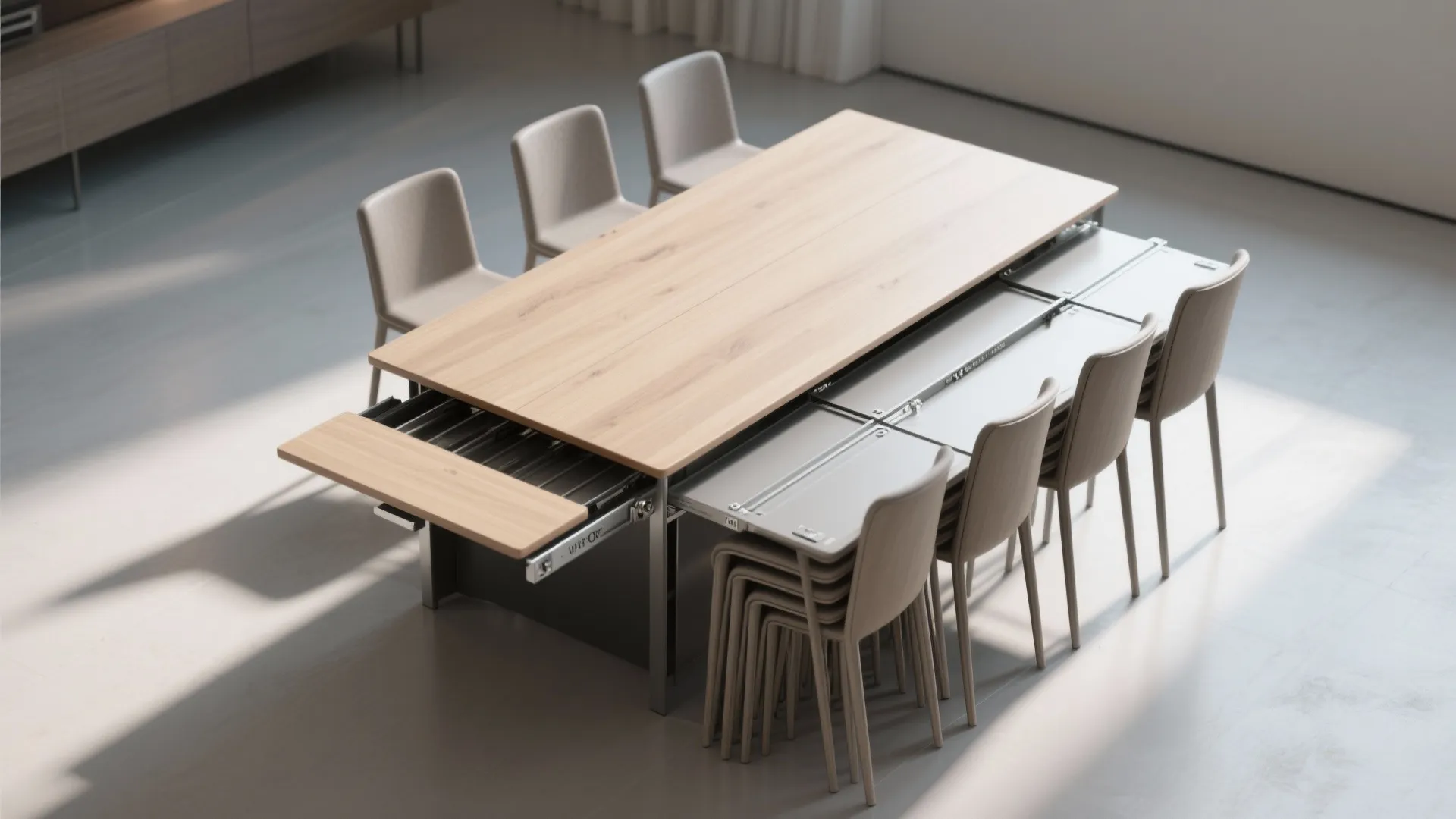 Top-down three-stage view of an extendable dining table with stacked slim chairs, showing compact to extended configurations.