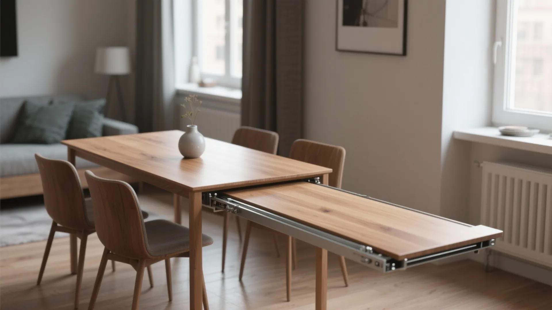 Narrow extendable dining table shown both collapsed for two and extended for four, with oak finish and stable hardware.