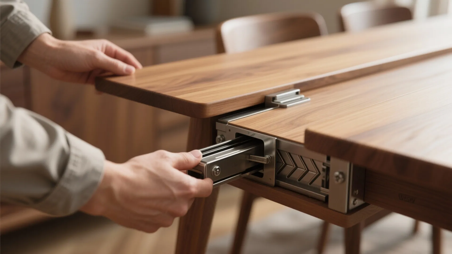 Hands demonstrating how to adjust the metal track of an extendable wooden dining room table