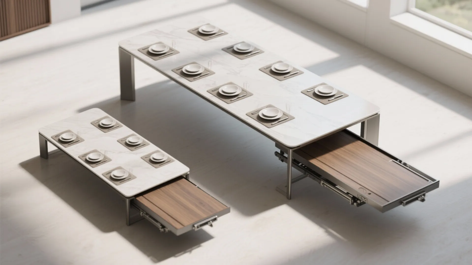 Two marble dining tables with wooden extension leaves pulled out and white plates on the surface