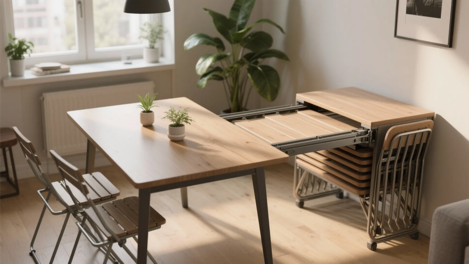 Compact extendable dining table shown folded and extended with stackable chairs in a small apartment