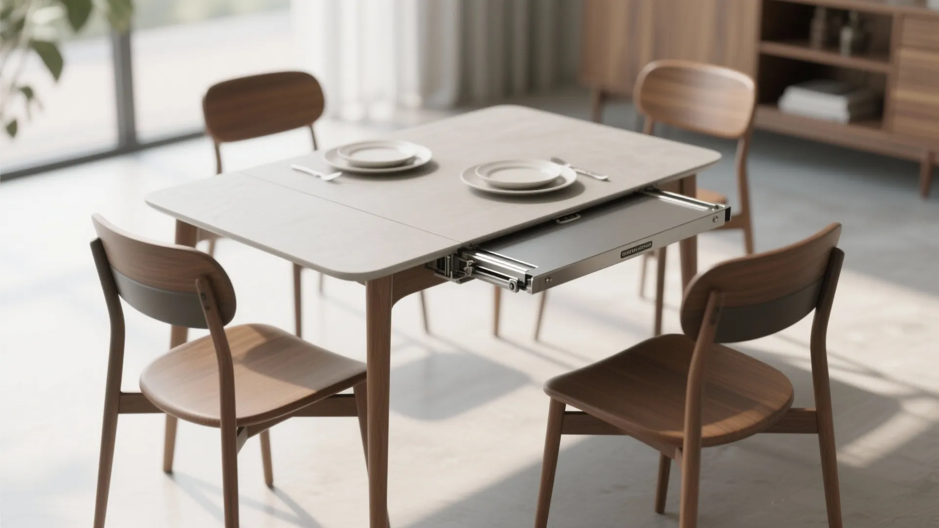 Modern wooden dining table with extendable metal mechanism and matching chairs in a bright room