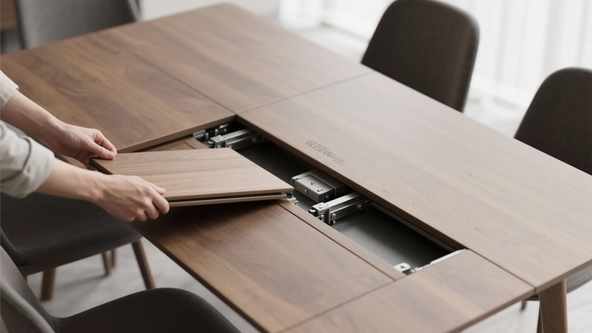 Top-down view of an extendable rectangle table mid-extension, showing the mechanism and compact vs extended footprint.