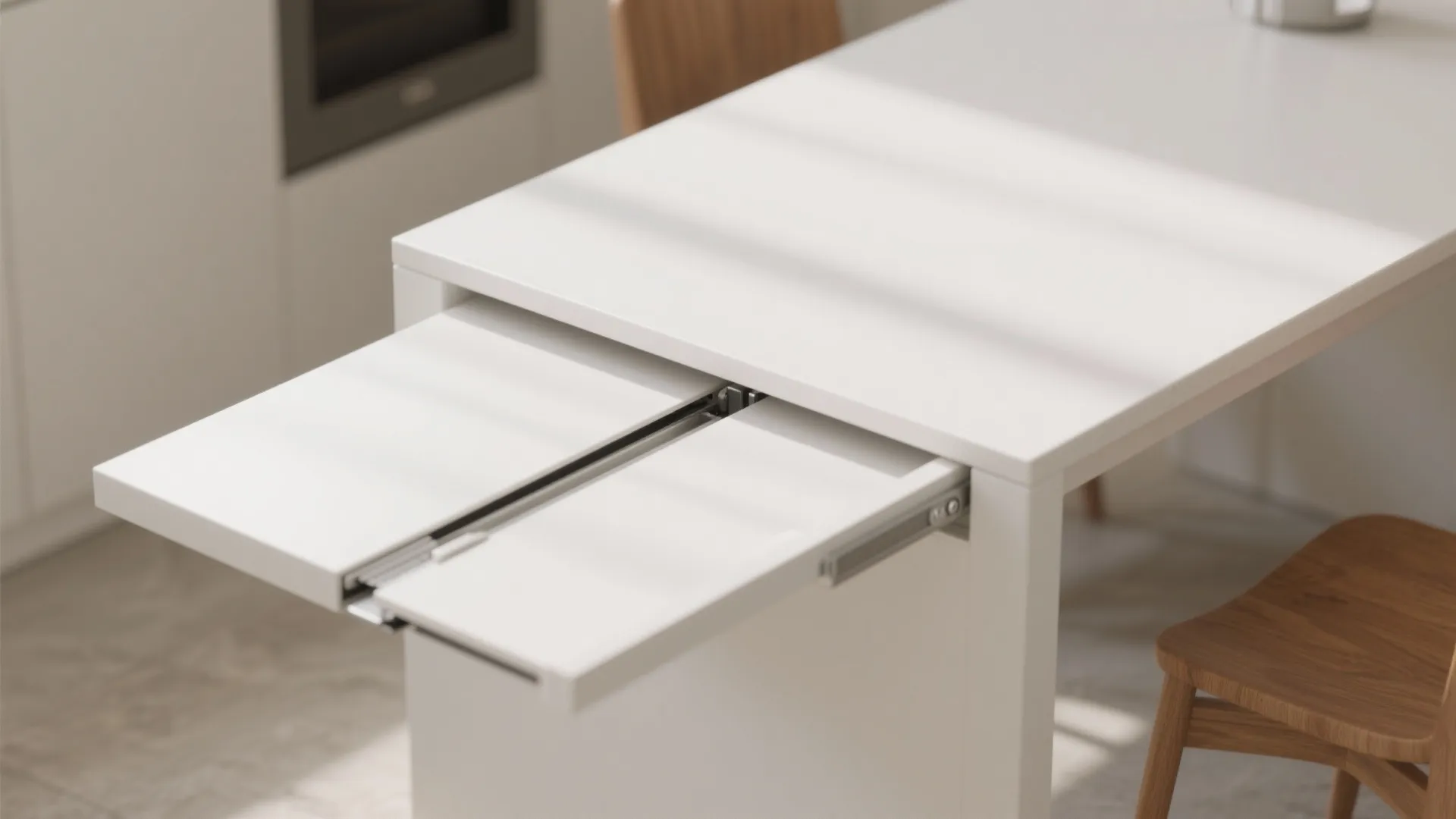 White extendable dining table with sliding mechanism showing how to increase the surface area easily