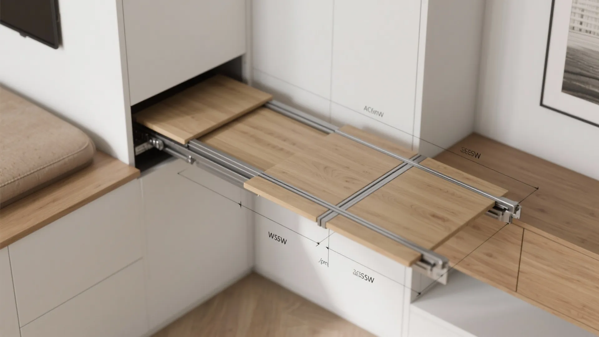Interior design drawing showing a wooden pull out table extension from white built in cabinets