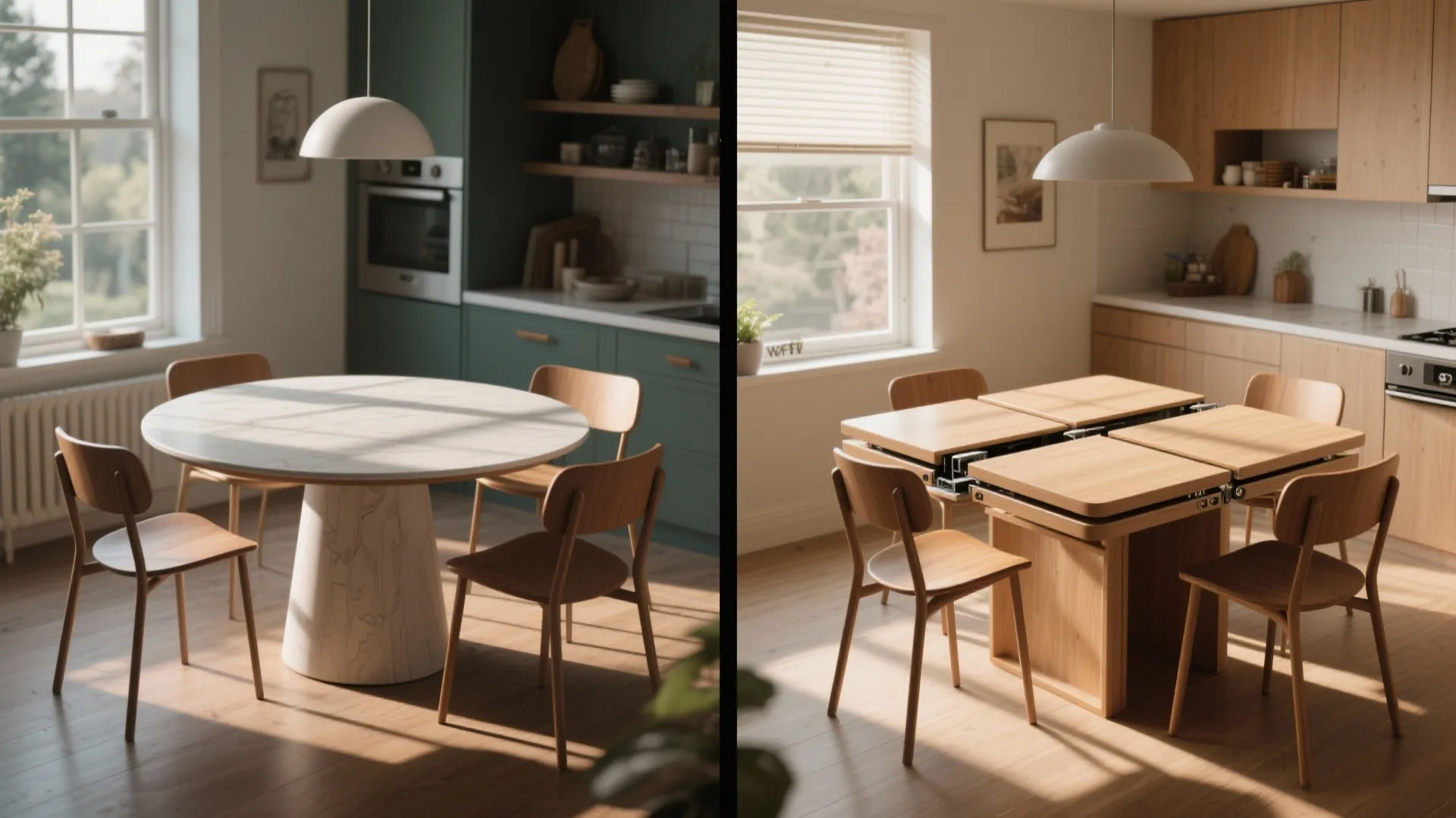 Comparison of a round white dining table and a wooden table that can be extended