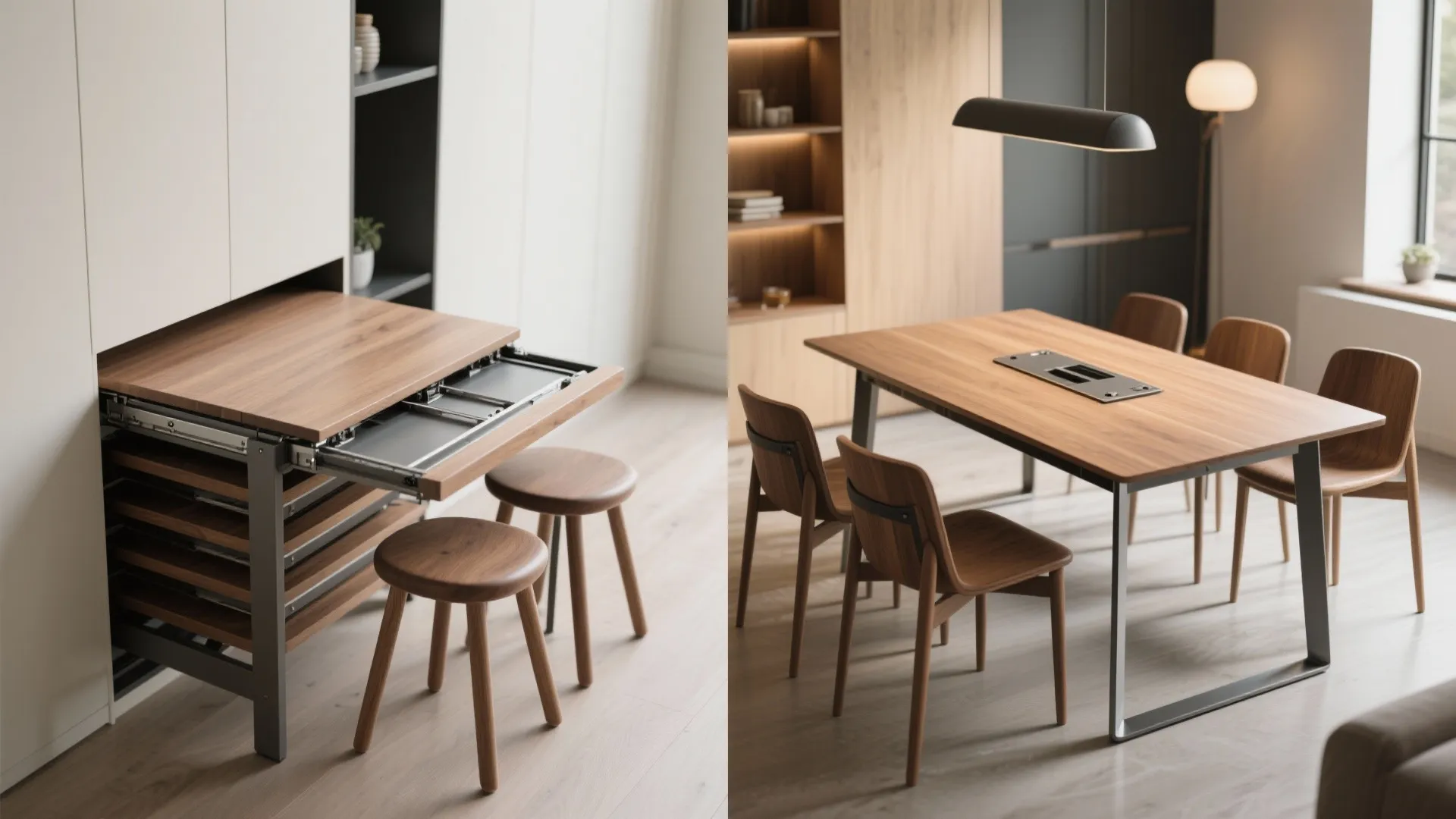 Before-and-after view of an extendable dining table folded for daily use and extended for guests with nesting stools.