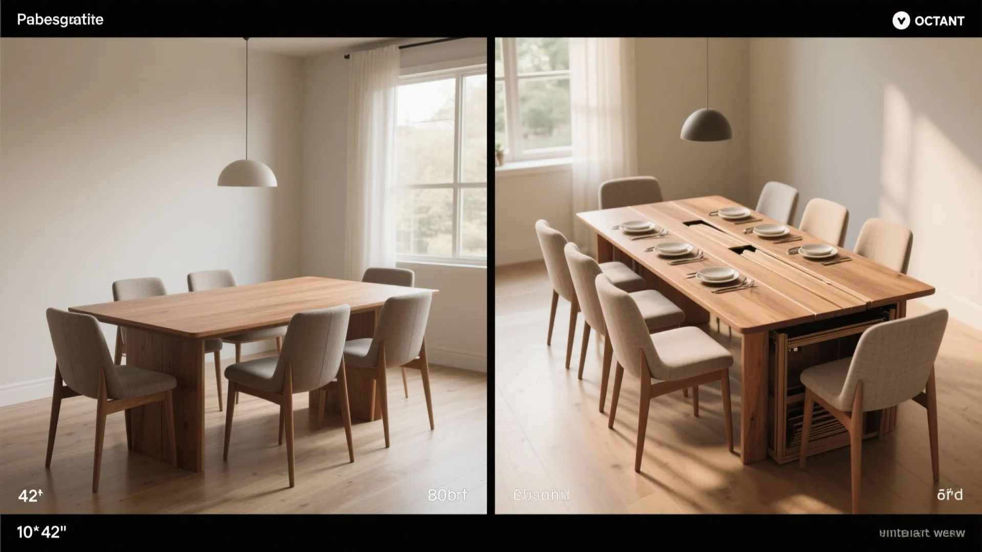 Before and after comparison of a small wooden dining table versus an extended large dining table