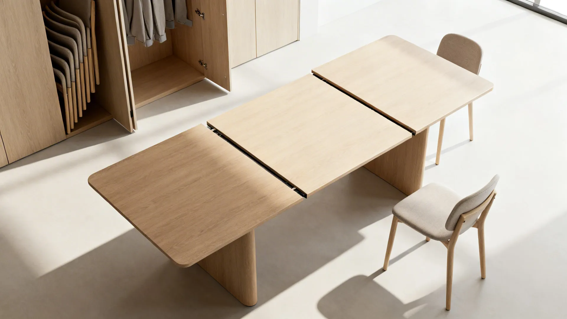 Light wood extendable dining table shown in open position with two chairs and a cabinet