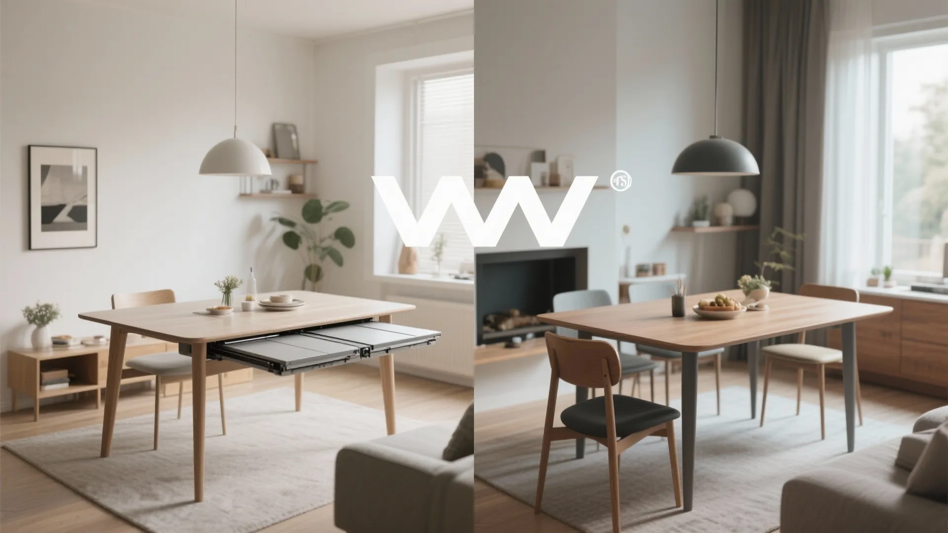 Compact extendable dining table before and after extension