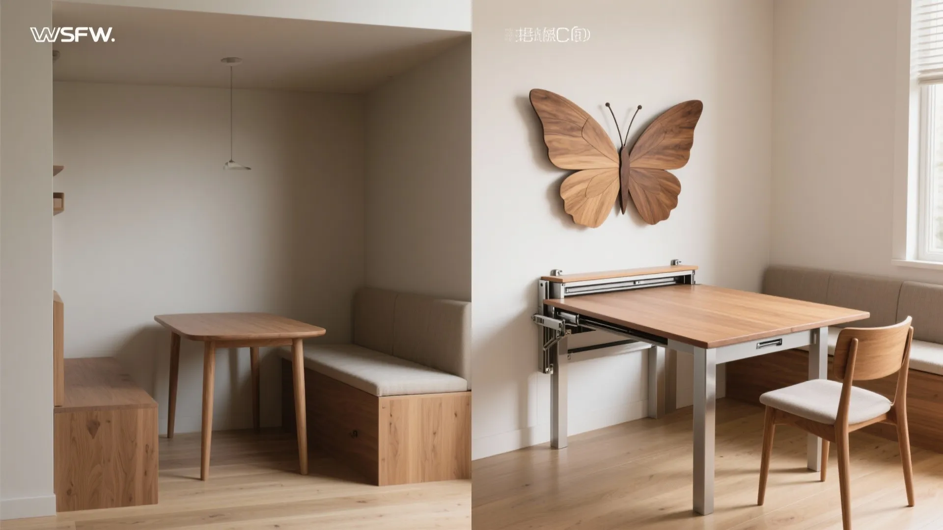 Extendable tables and fold-down wall leaves