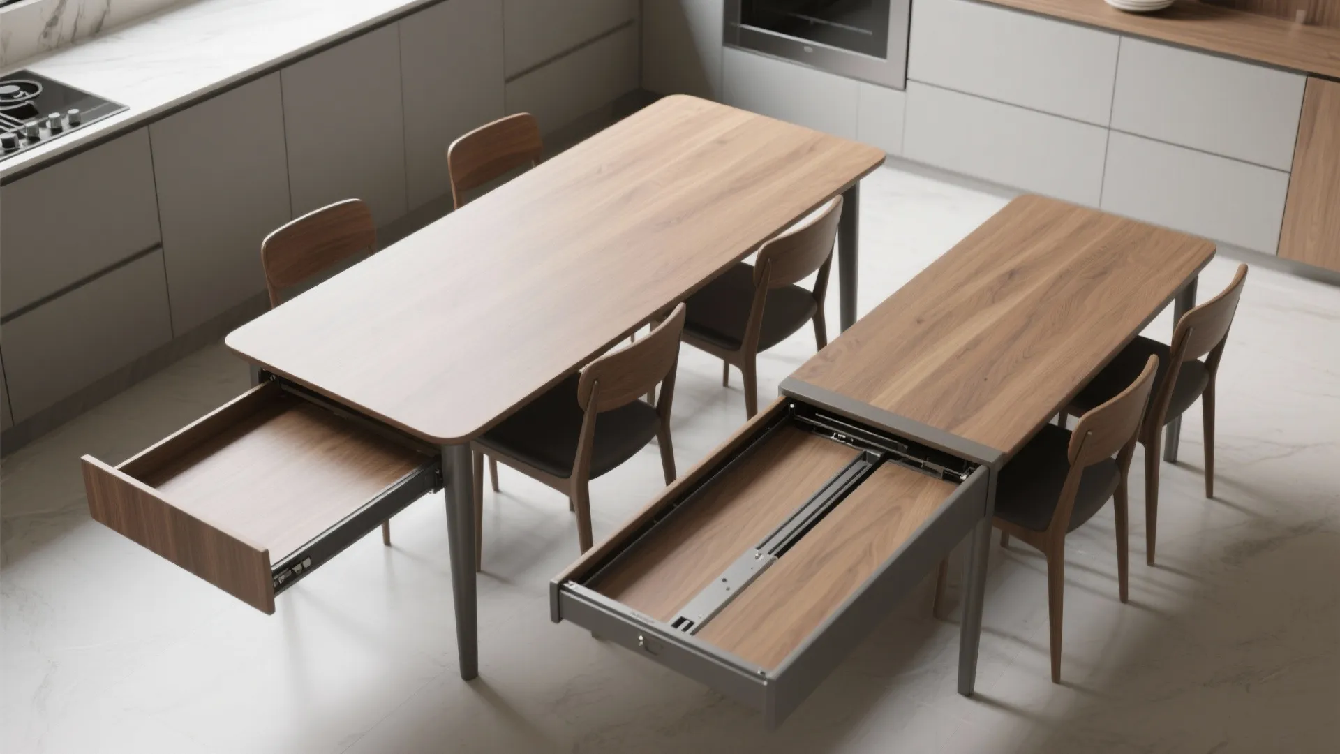 Extendable dining table shown compact and extended in the same modern kitchen scene.