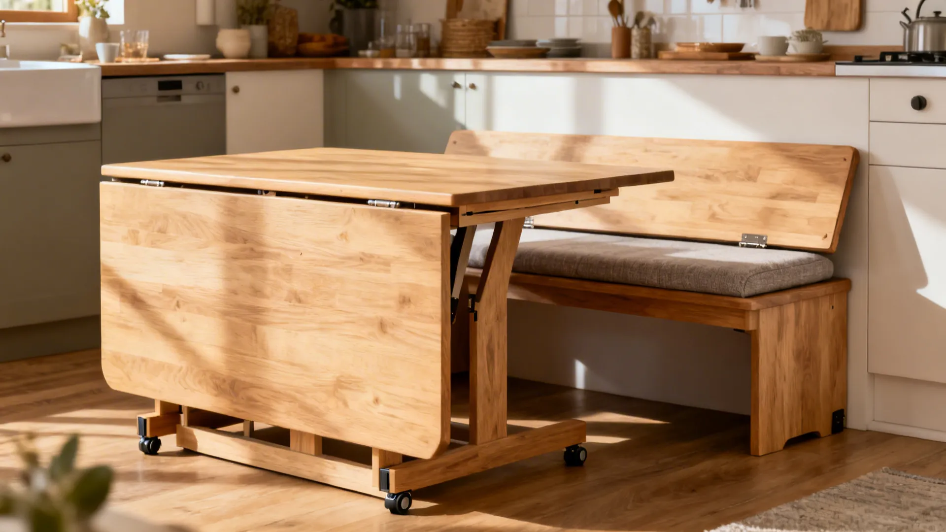 Extendable oak table with a matching lift-top storage bench in a bright small kitchen.
