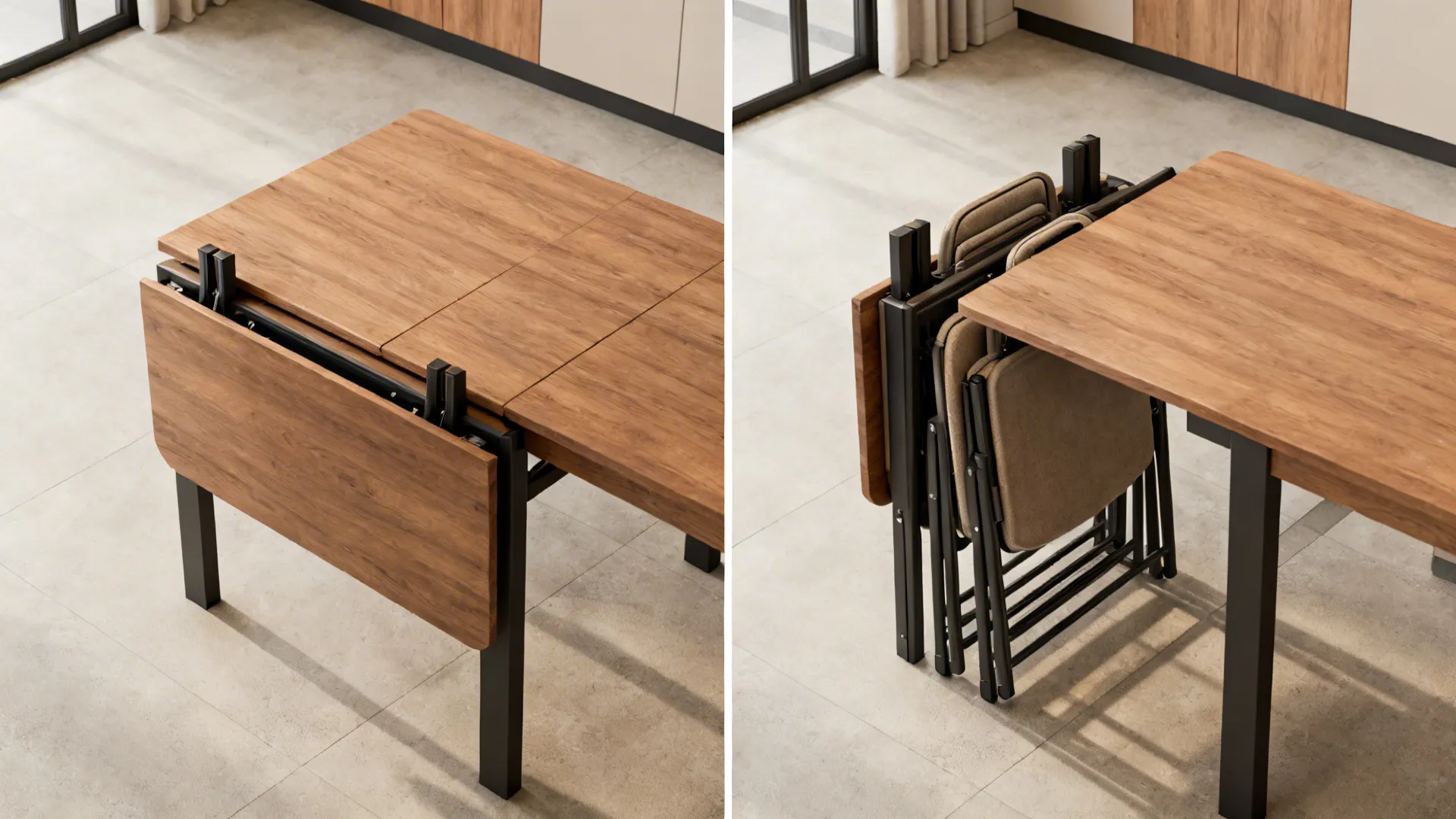 Extendable dining table shown collapsed and partially extended with folding chairs