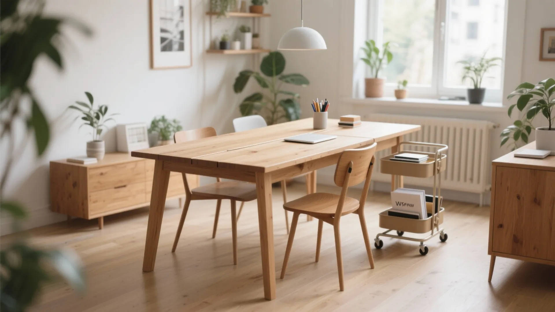 Long wooden dining table with chairs and white ceiling light in a bright modern home office