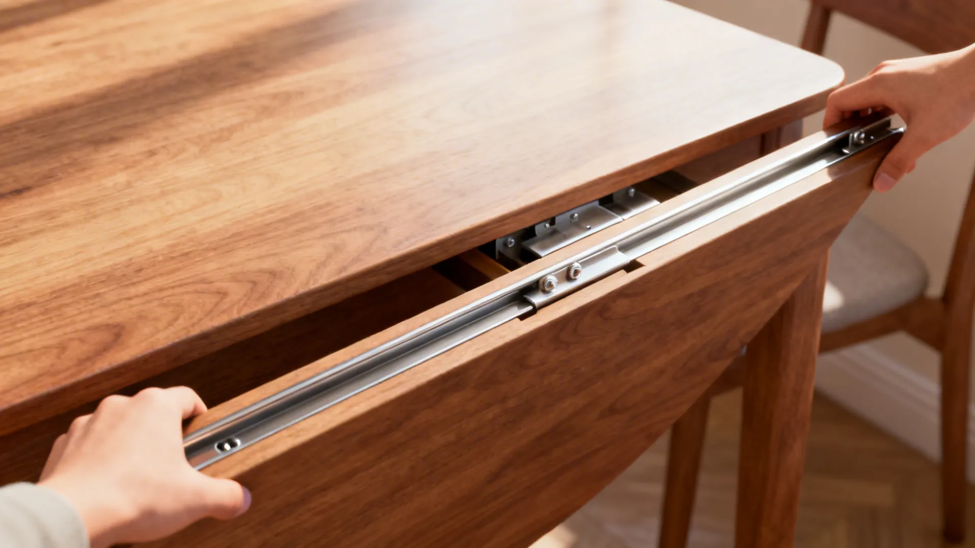 Hands pulling a wooden dining table apart to show the metal sliding track for hidden extension