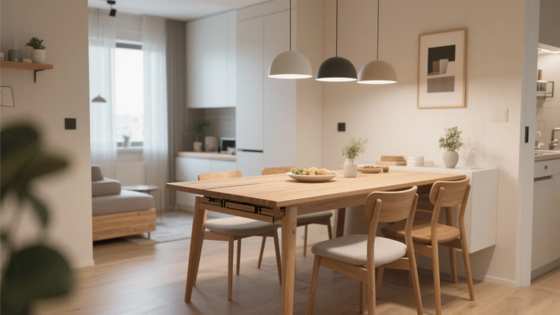 Bright dining room featuring a long wooden table with three hanging ceiling lights and chairs