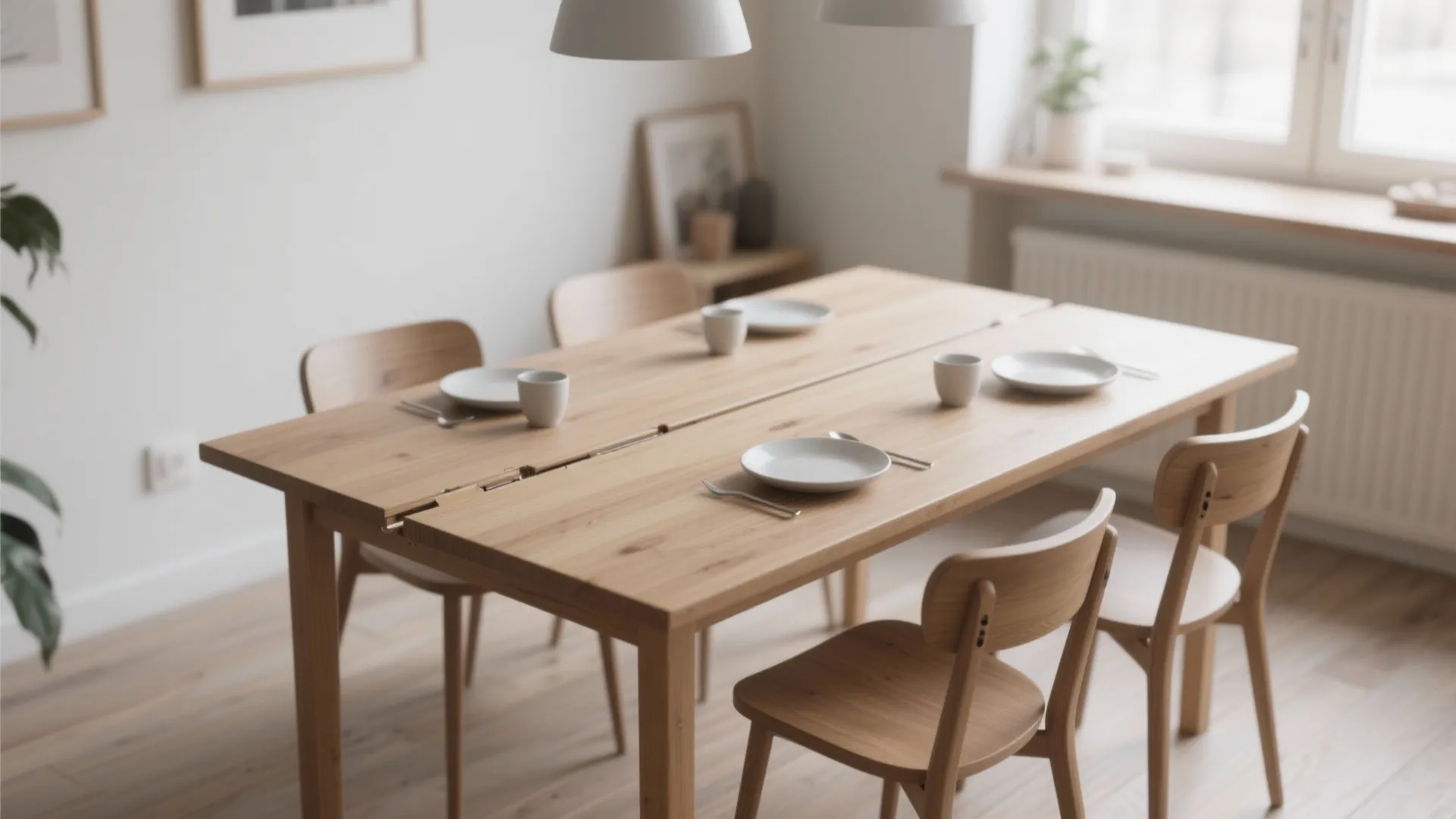 Wooden dining table with four chairs and simple white plates in a bright minimalist room