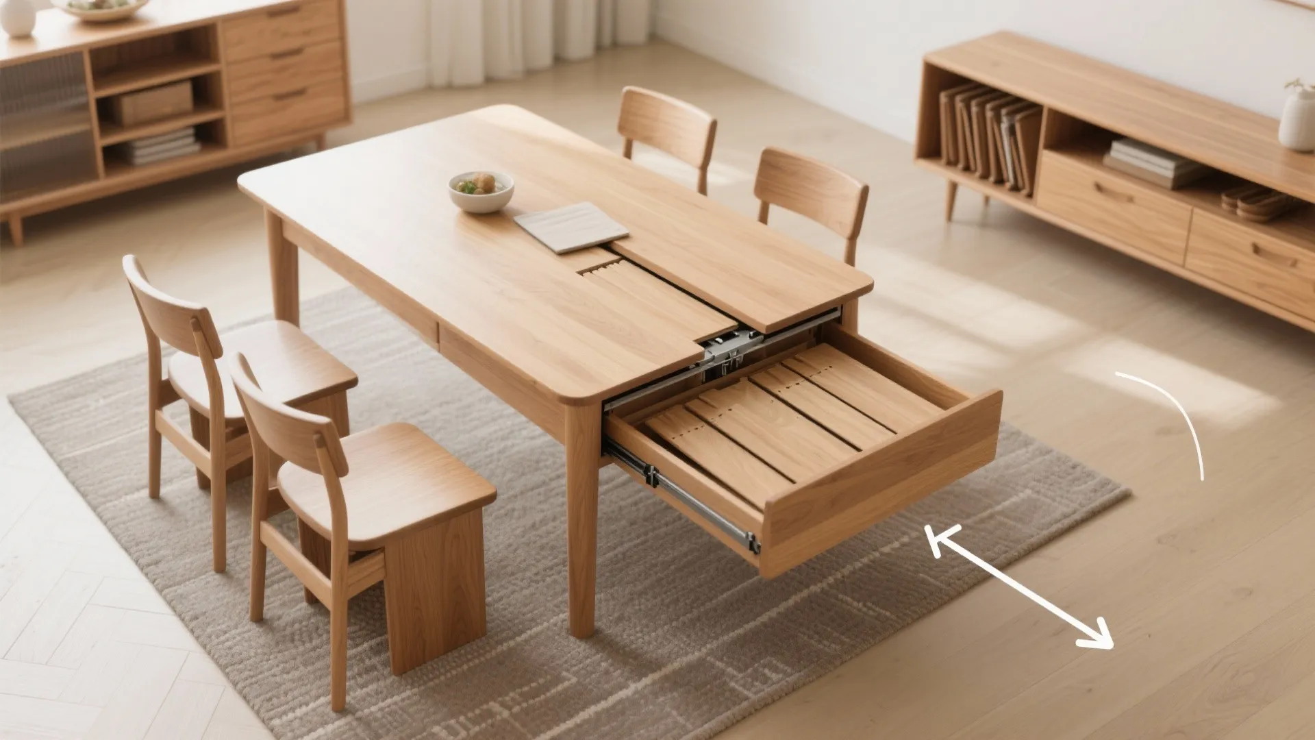 Extendable dining table with leaf storage solutions