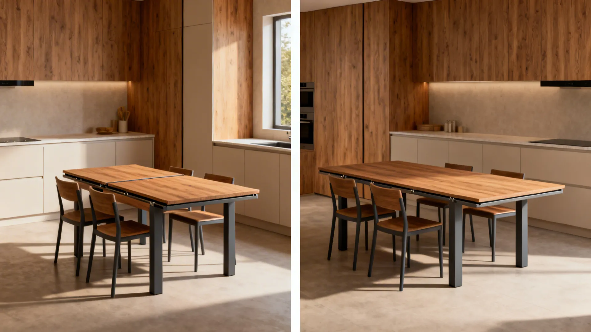 Before and after comparison of a wooden dining table extending to accommodate more seating chairs