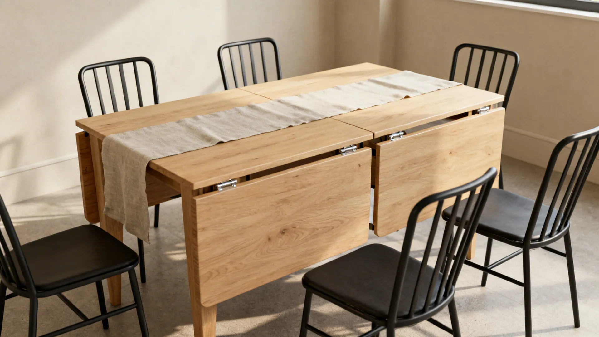 Wooden dining table with fabric runner and black metal chairs in a bright sunlit room