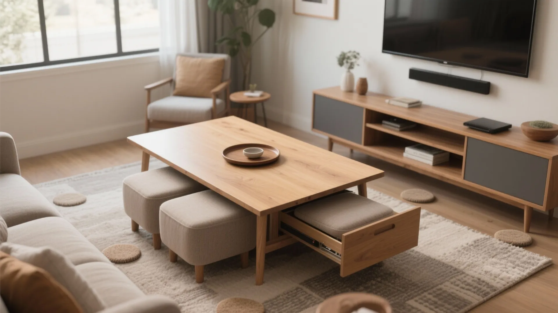 Extendable square dining table with nested ottomans pulled out for extra seating in a small living room.